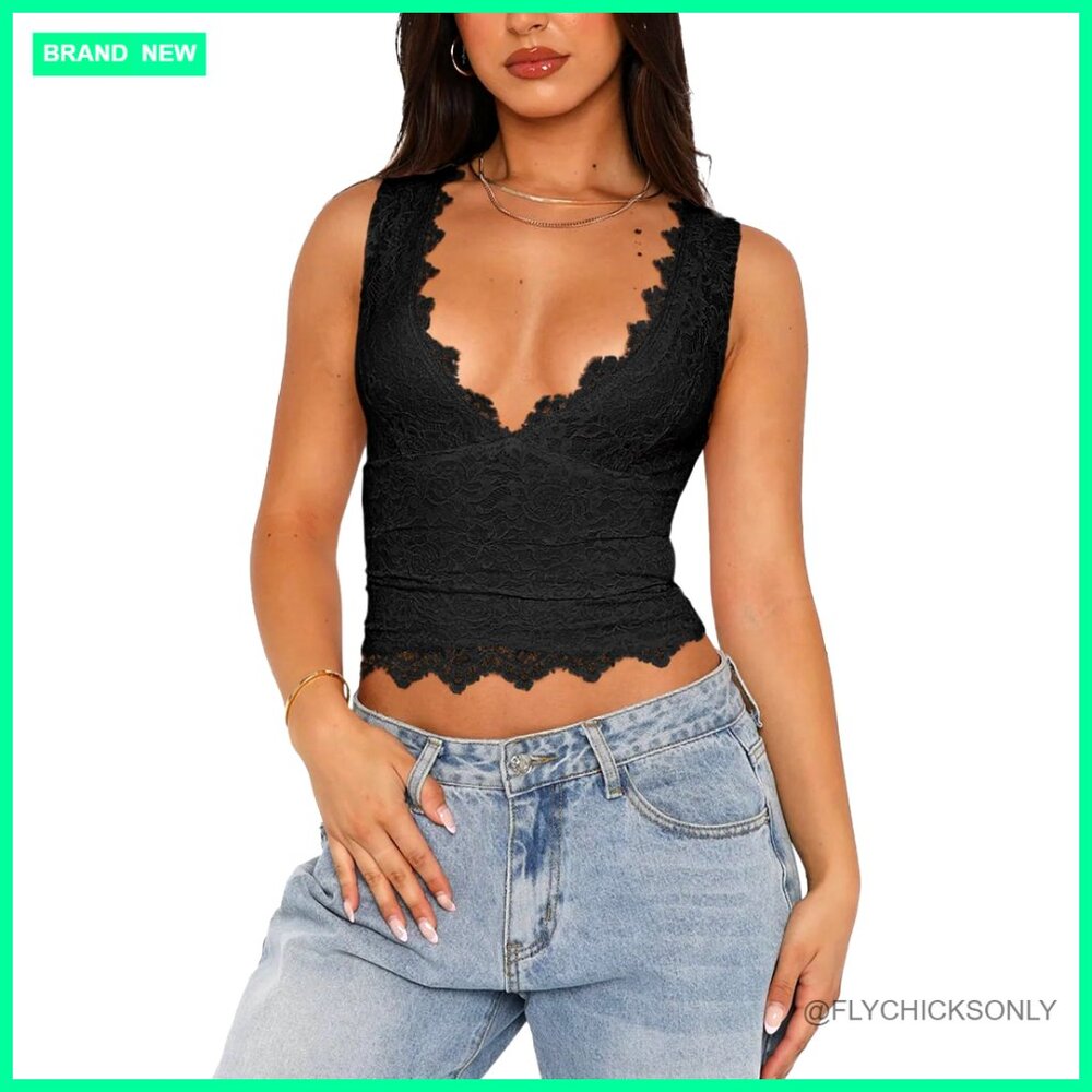 Sexy V-Neck Lace Cropped Tank Top Y2k Trendy Double Lined Sleeveless